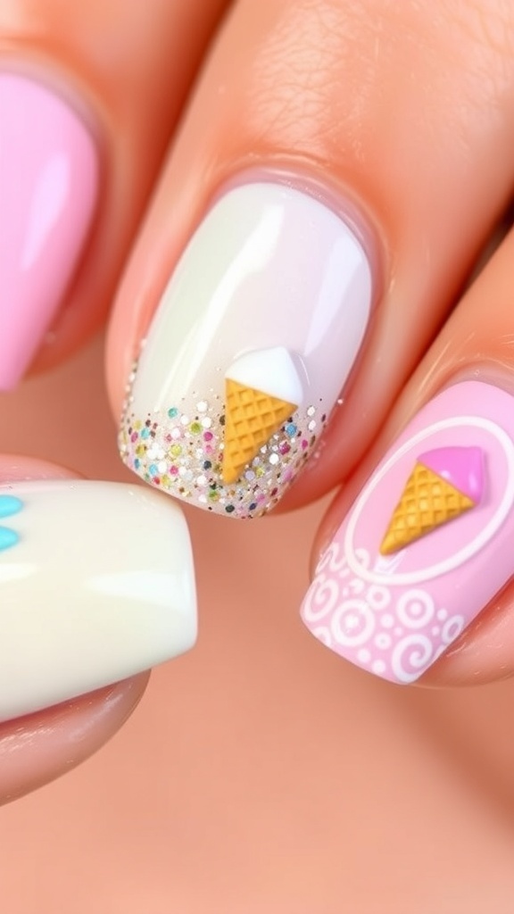 Close-up of ice cream nail art with pastel colors and 3D decorations.